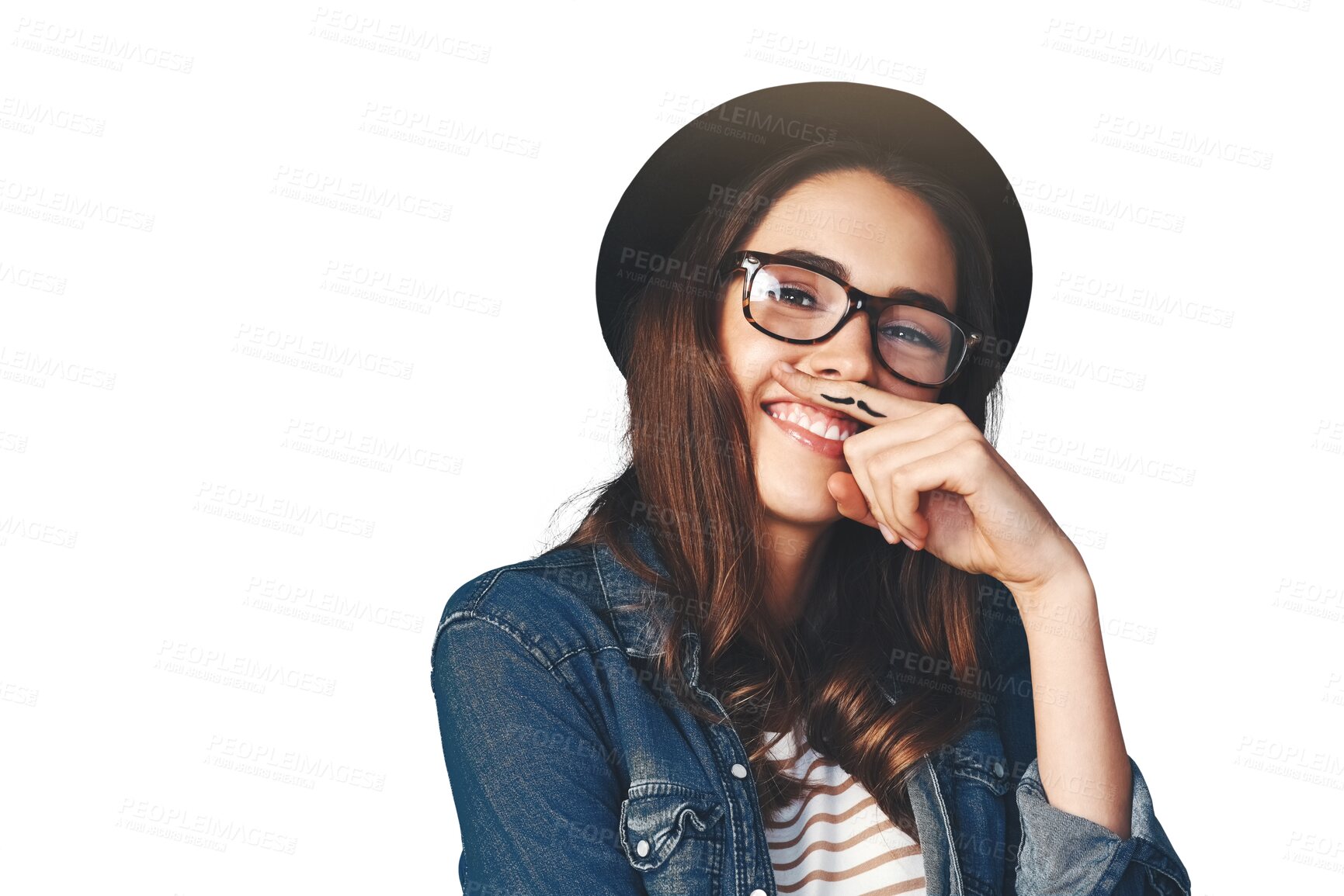 Buy stock photo Moustache, finger and smile with woman and portrait with modern and hipster outfit and youth fashion. Happy, glasses and confidence with casual clothes isolated on a transparent, png background