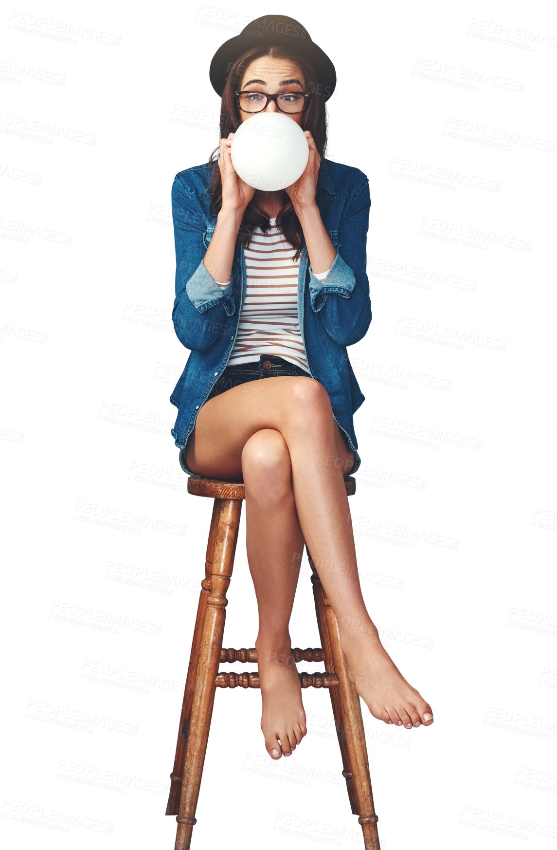 Buy stock photo Fashion, inflate balloon and woman on chair on isolated, png and transparent background. Happy, event and person sitting with decoration for party, birthday or celebration in trendy hipster clothes