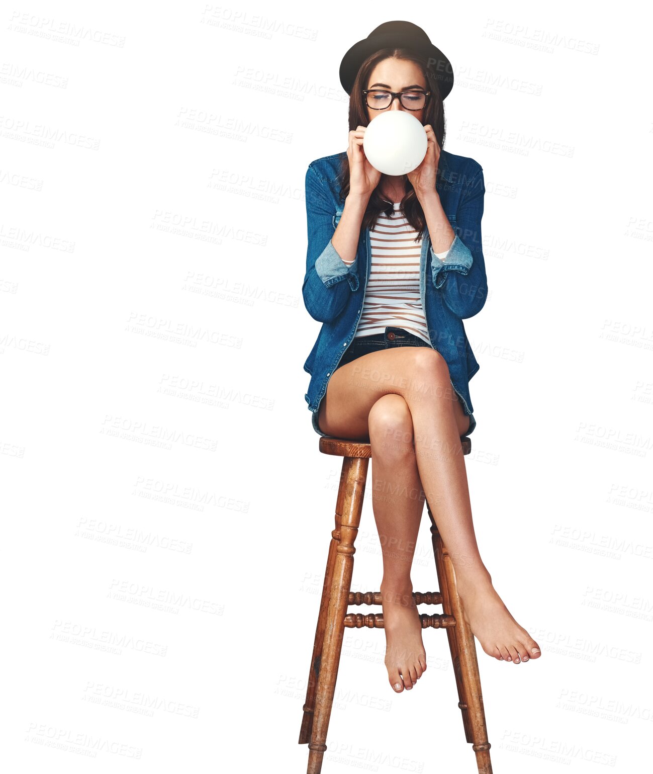 Buy stock photo Inflate, blowing a balloon and woman for fun on chair on isolated, png and transparent background. Happy, style and person with decoration for party, birthday and celebration in trendy hipster outfit