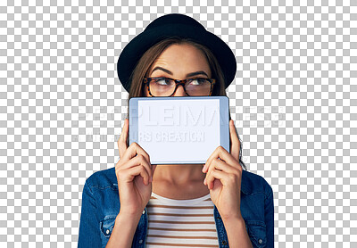 Buy stock photo Tablet, mockup or woman and screen thinking of fashion, sale or deal on isolated, transparent or png background. Digital, space or model advertising news, offer or sign up discount, app or promo