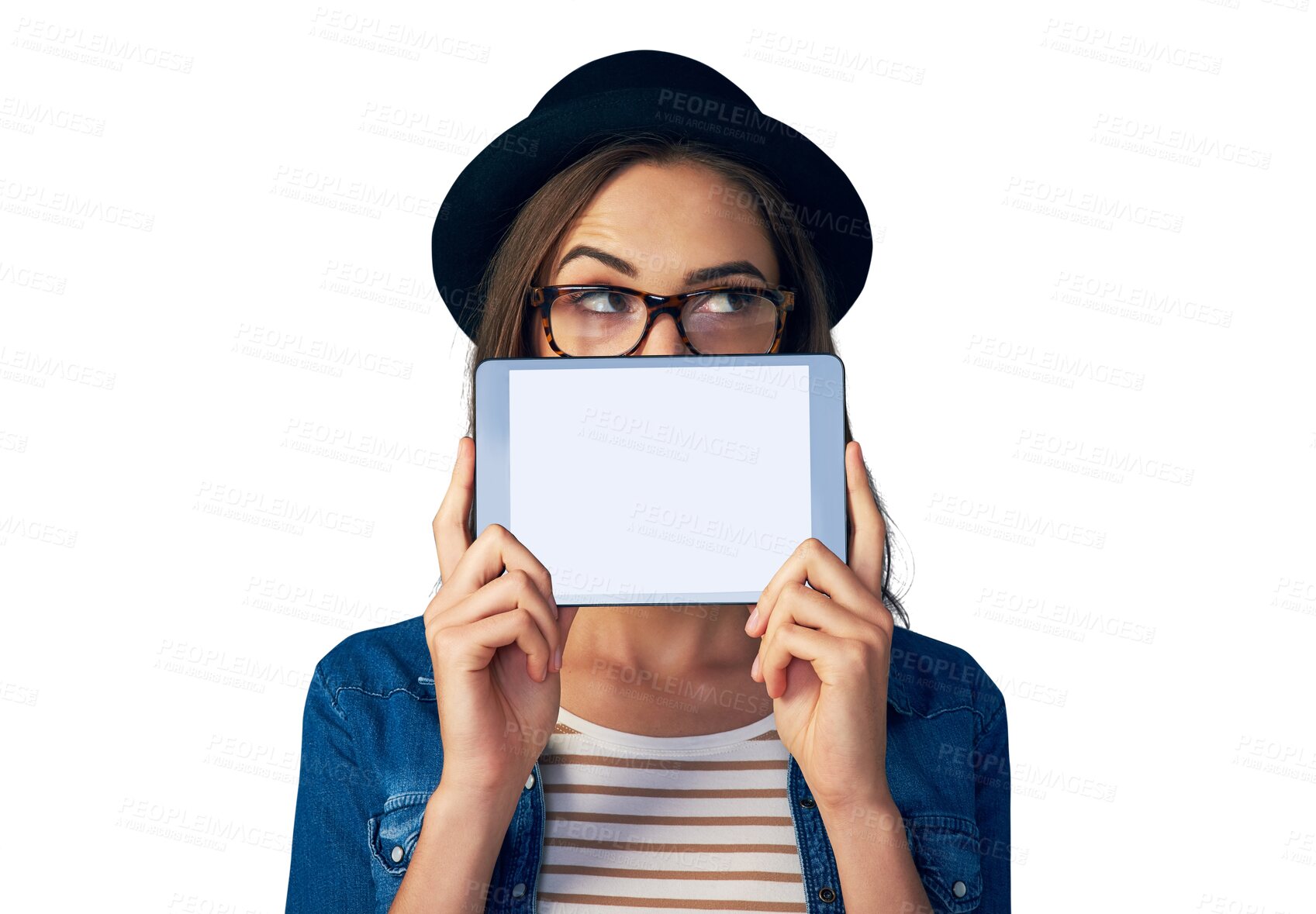 Buy stock photo Tablet, mockup or woman and screen thinking of fashion, sale or deal on isolated, transparent or png background. Digital, space or model advertising news, offer or sign up discount, app or promo