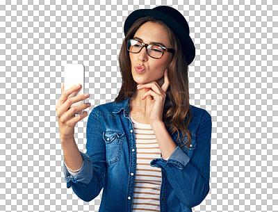 Buy stock photo Isolated woman, glasses and hat in selfie, pouting and thinking with retro style by transparent png background. Girl, influencer and kiss with lips, emoji or ideas for live streaming on social media