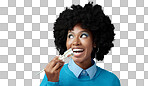 Happy, food and black woman with sushi in a studio eating with japanese chopsticks with mockup space. Healthy meal, smile and african girl with a afro enjoying delicious sashimi with blue background.