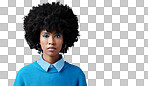 Portrait of black woman, fashion afro and serious face with an expression of focus on blue background studio mockup. Trendy earing accessory, stylish cool clothing and blue cosmetic eyeshadow makeup 