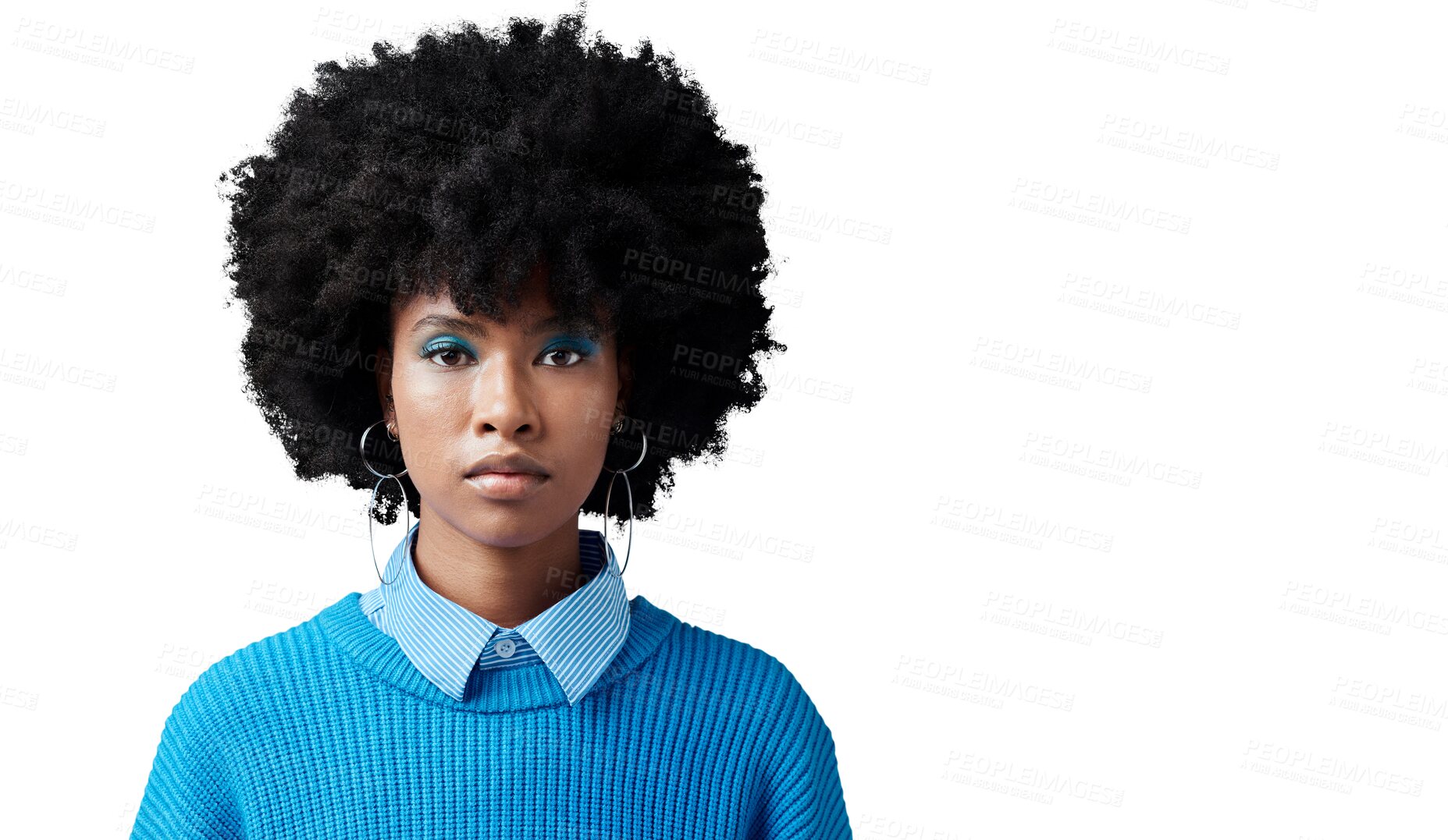 Buy stock photo Portrait of black woman, fashion afro and serious face with a hair care with African hairstyle. Trendy accessory and stylish clothing and female person isolated on transparent, png background