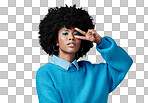 Portrait, young and black woman shows peace sign with blue studio background, afro and stylish look. Girl, lady and female with afro confident, relax and casual or funky dressed for fun day outside. 