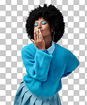 Girl, blue and background with clothes for fashion with hand, face and kiss in studio with afro. Happy, model and fingers on lips for makeup, hair and beauty with azure color backdrop in Los Angeles