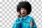 Telephone, wow and surprise black woman with gossip, fake news or fashion sale with blue studio background mockup for advertising and marketing. Shocked african girl on phone call for a discount deal