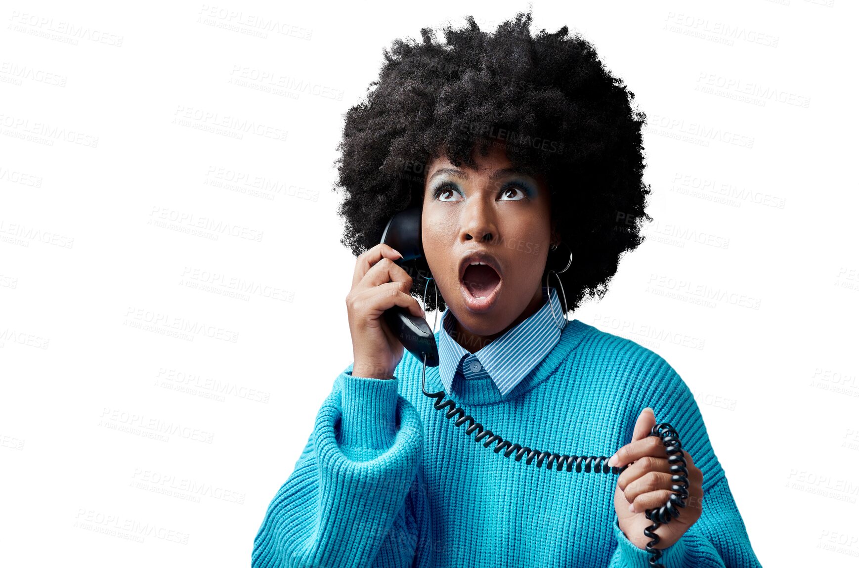 Buy stock photo Isolated African woman telephone with shock, wow and thinking for news by transparent png background. Girl, phone call and vintage style with listening, deal or sale with promotion on retro network