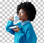 Afro hair, tea cup and black woman with fashion, style and trend clothes on blue background in studio with bold makeup cosmetics. Portrait, gossip and beauty model with wow or surprise face and drink