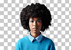 Black woman afro, portrait and serious face for vision in focus against a blue studio background. African female model in cool fashion with facial expression and cosmetic eyeshadow makeup on mockup