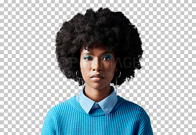 Buy stock photo Portrait of black woman, fashion and serious face with hair care and African hairstyle. Trendy accessory and stylish clothing and female model person isolated on transparent, png background