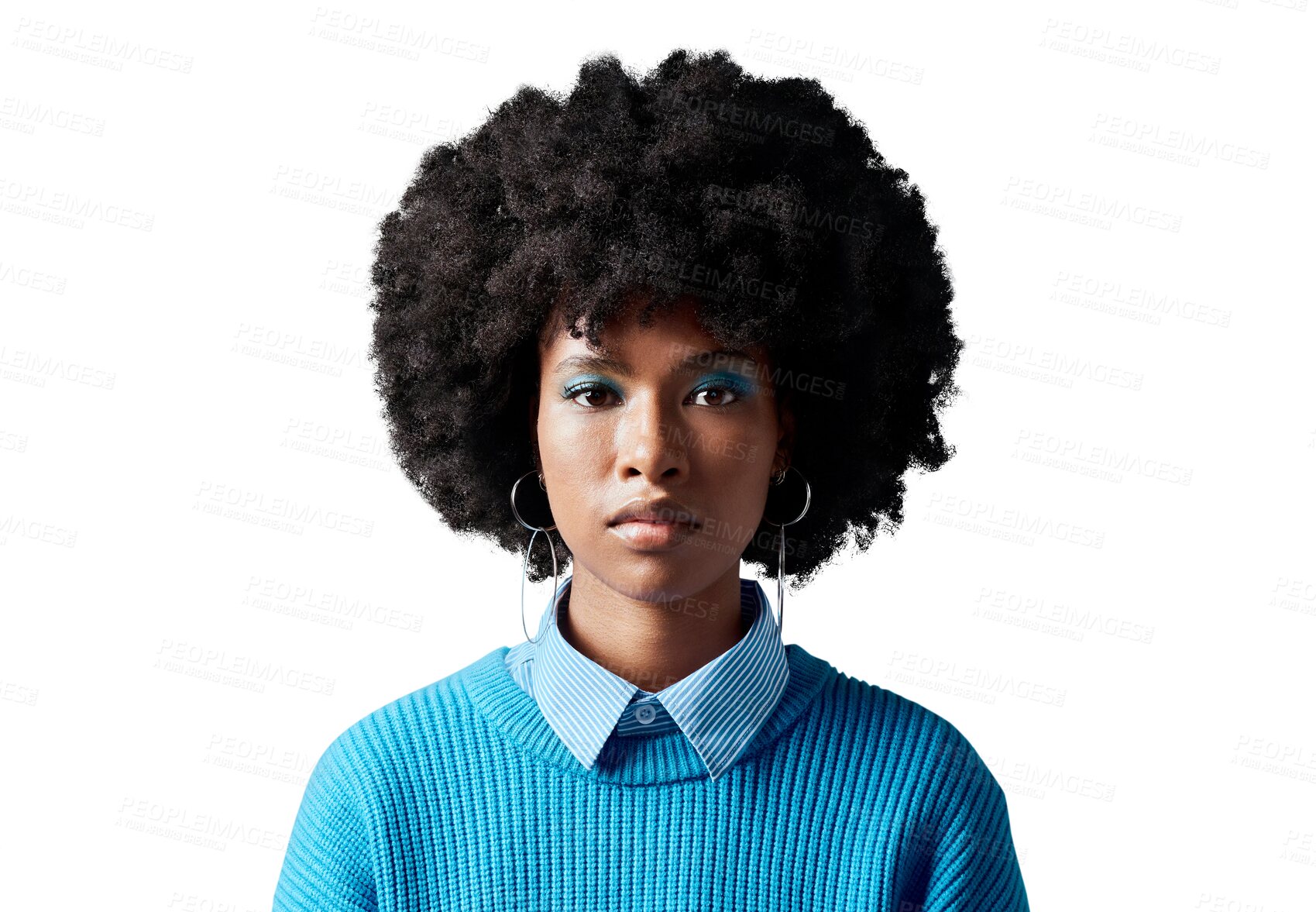 Buy stock photo Portrait of black woman, fashion and serious face with hair care and African hairstyle. Trendy accessory and stylish clothing and female model person isolated on transparent, png background