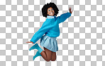 Fashion, jump and happy black woman in a studio with trendy, cool and stylish clothes with a blue background. Happiness, smile and portrait of a young african model with energy, excited and joy.