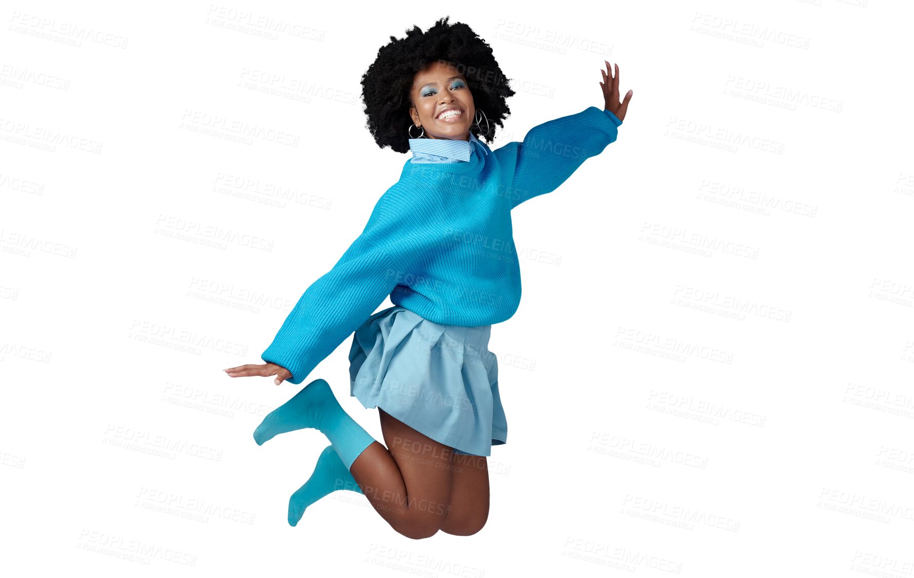 Buy stock photo Portrait of black woman, fashion with jump and happy face with an hair care with African hairstyle. Trendy accessory and stylish clothing and female person isolated on transparent, png background