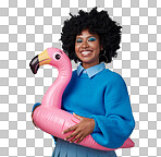 Portrait of woman in blue with a flamingo and a smile on her face. Happy young black woman with a rubber ring on waist on blue background. Mockup for trendy, travel and fun for summer vacation