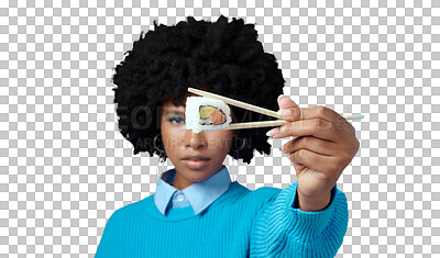 Buy stock photo Sushi, food and portrait of black woman with chopsticks for seafood on isolated, png and transparent background. Eating, hunger and African person with luxury takeout for lunch, dinner and supper