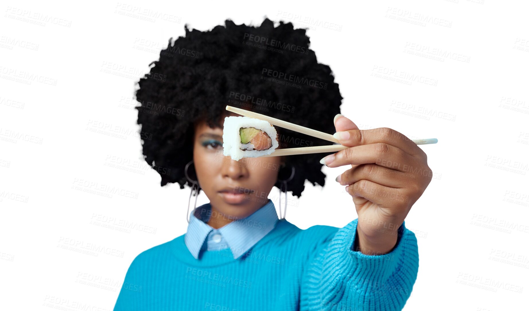 Buy stock photo Sushi, food and portrait of black woman with chopsticks for seafood on isolated, png and transparent background. Eating, hunger and African person with luxury takeout for lunch, dinner and supper