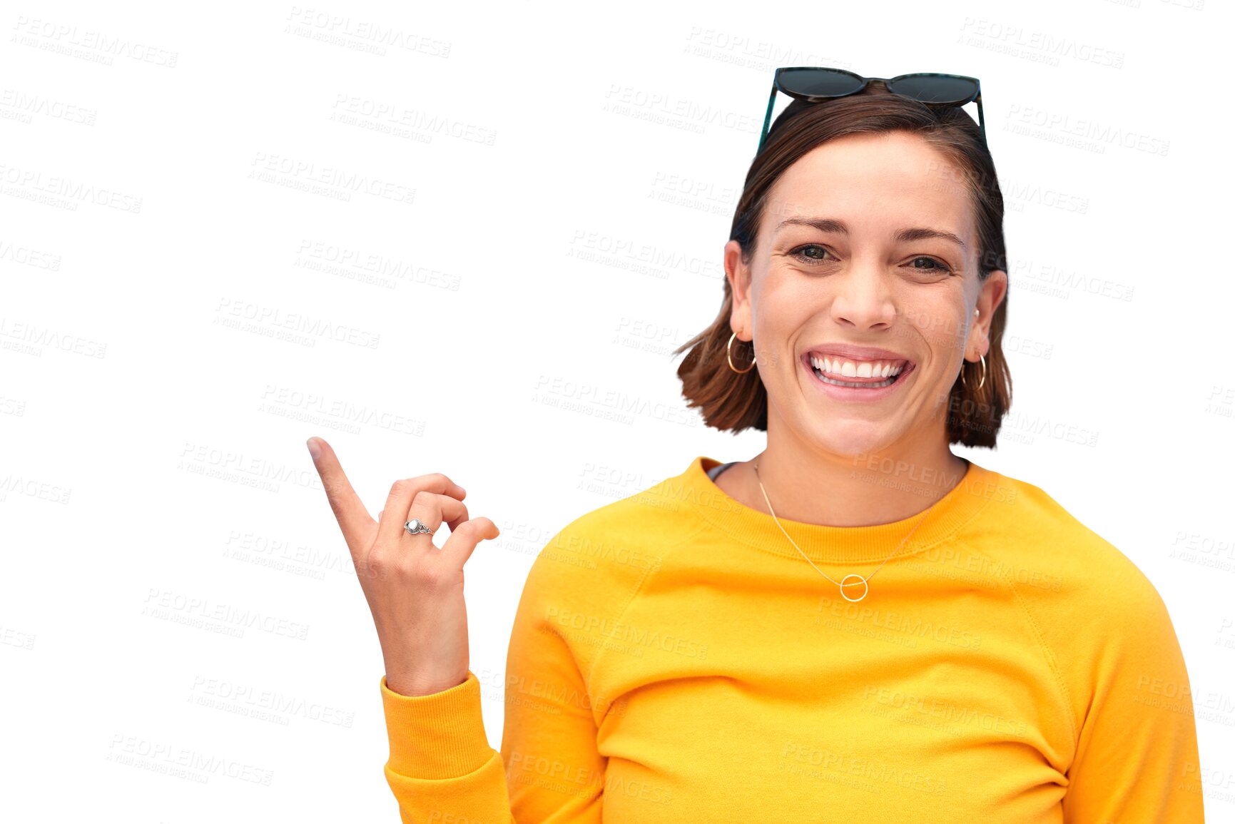 Buy stock photo Happy, fashion and woman smile portrait with pointing up to proud and discount info. Choice, decision and female person with sunglasses and modern outfit isolated on transparent, png background