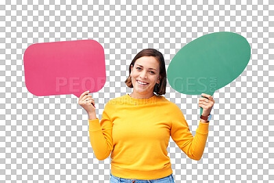 Buy stock photo Speech bubble, happy and portrait of woman with poster on isolated, png and transparent background. Social media, branding and person with banner space for communication, news and announcement