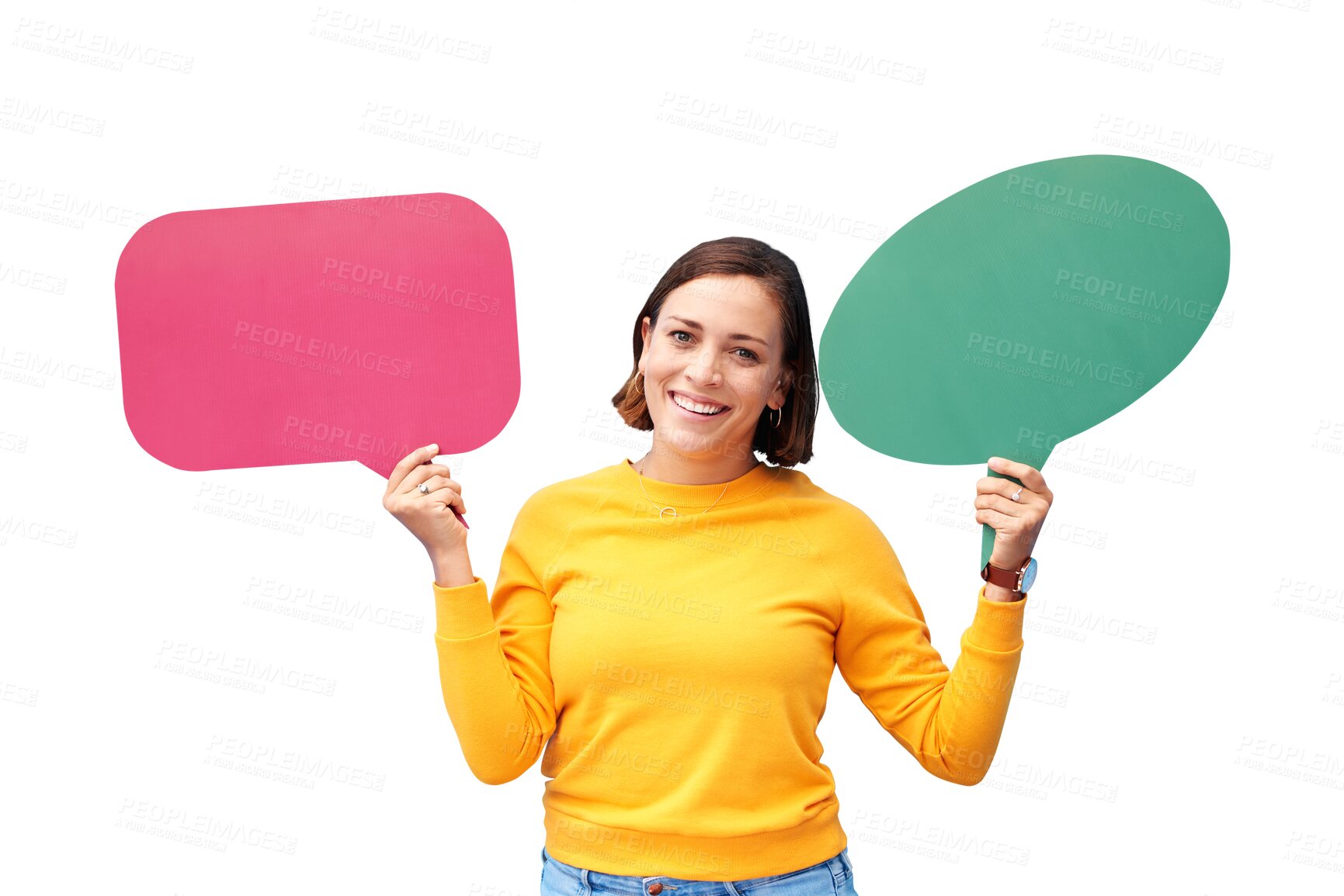 Buy stock photo Speech bubble, happy and portrait of woman with poster on isolated, png and transparent background. Social media, branding and person with banner space for communication, news and announcement