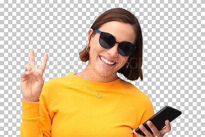 Buy stock photo Portrait, peace sign and woman with phone and fashion on isolated, png and transparent background. Sunglasses, emoji hand gesture and happy person on smartphone for social media, website and internet