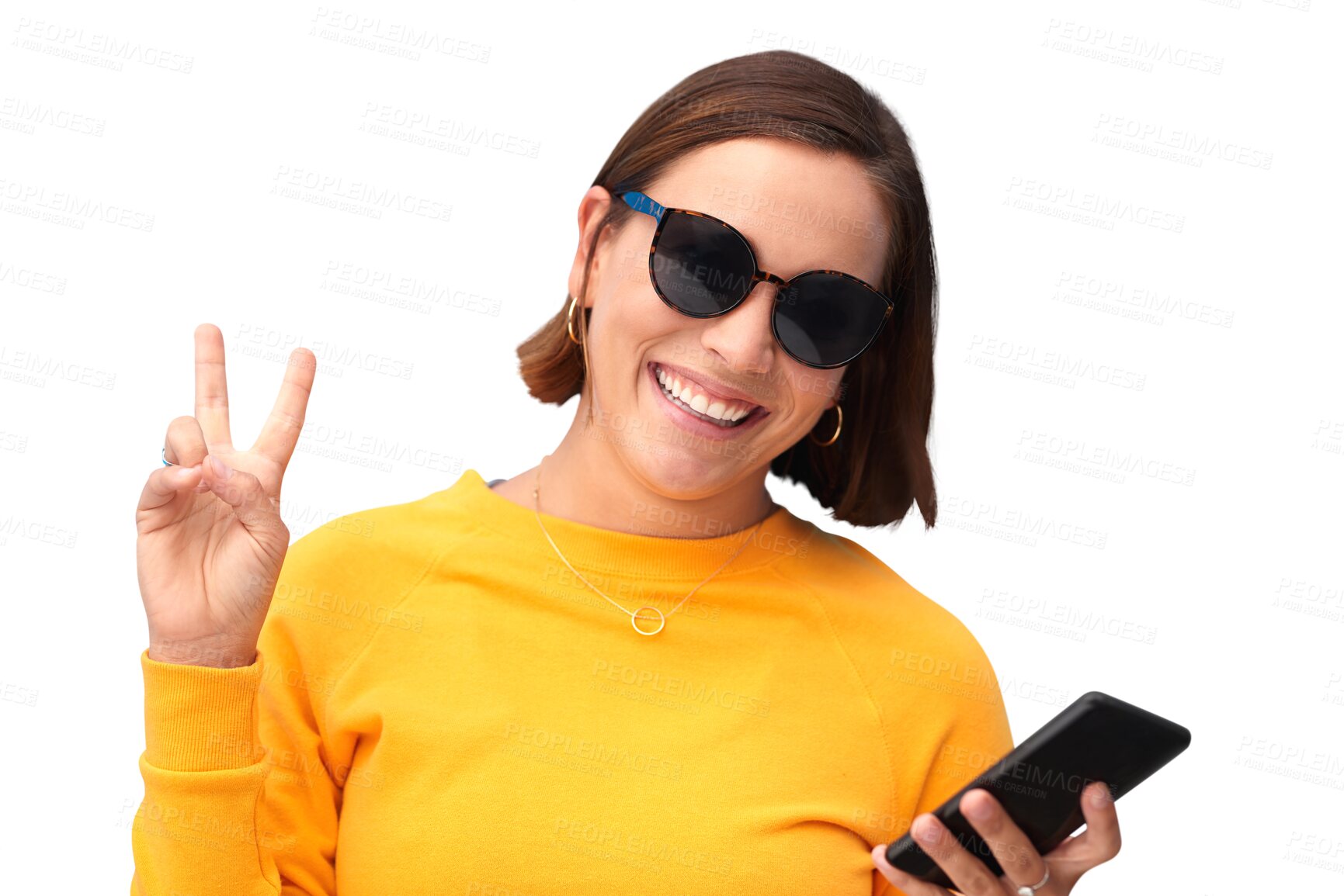 Buy stock photo Portrait, peace sign and woman with phone and fashion on isolated, png and transparent background. Sunglasses, emoji hand gesture and happy person on smartphone for social media, website and internet