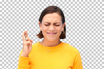 Buy stock photo Fingers crossed, praying and face of nervous woman waiting for good luck, results and isolated on transparent png background. Model, worry and hope with emoji sign for bonus, lottery prize and winner