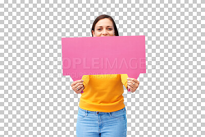 Buy stock photo Speech bubble, news and portrait of woman with poster on isolated, png and transparent background. Social media, mockup and person with banner space for communication, information and announcement