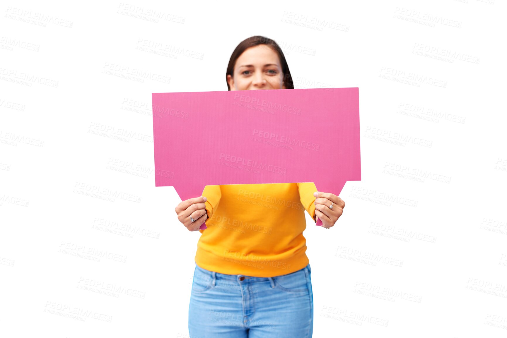 Buy stock photo Speech bubble, news and portrait of woman with poster on isolated, png and transparent background. Social media, mockup and person with banner space for communication, information and announcement