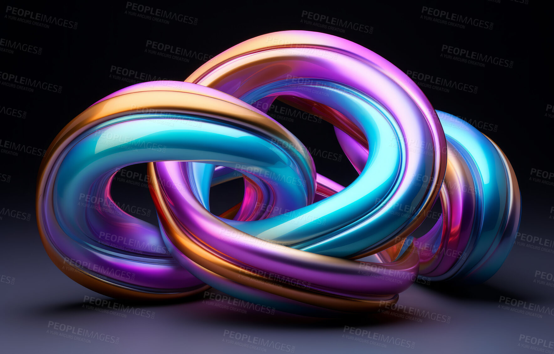 Buy stock photo Abstract, knot and iridescent coloured loop render for wallpaper, background and digital design. Colourful, vibrant and creative closeup of organic design shapes and smooth curves on a black backdrop
