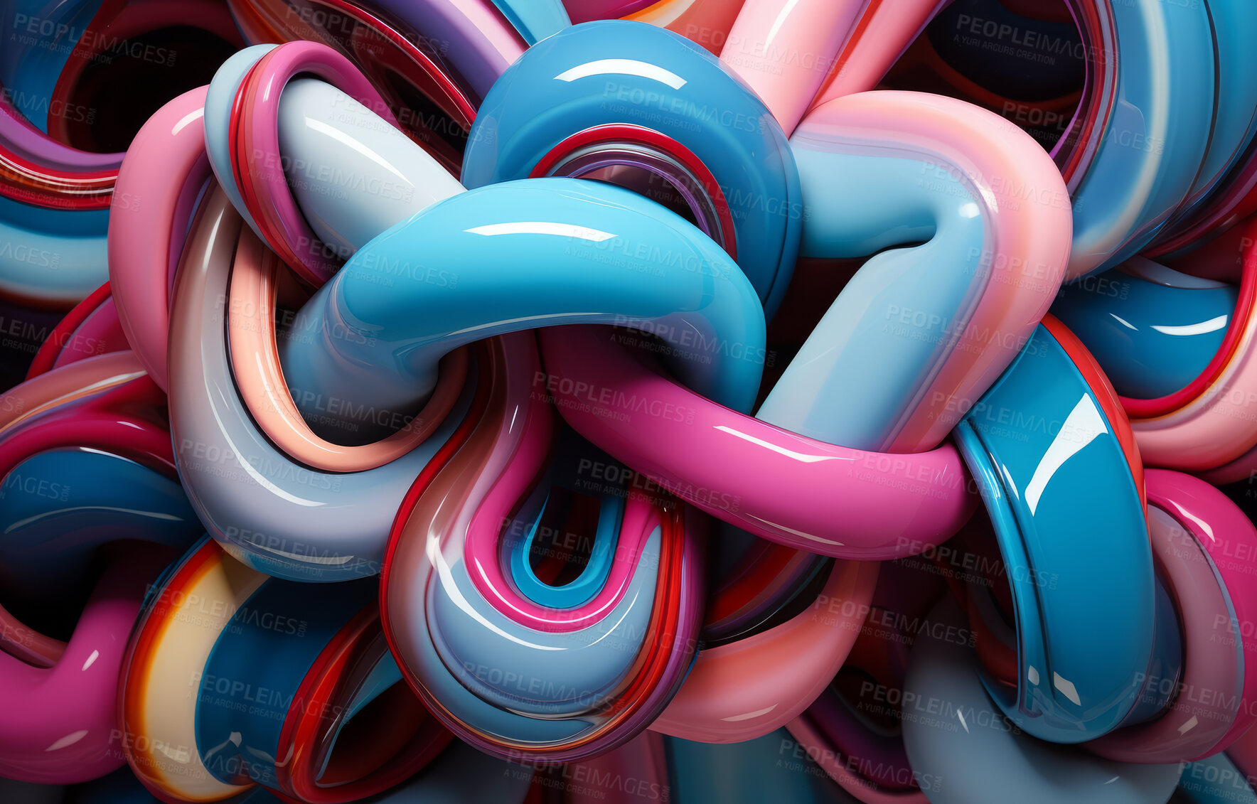 Buy stock photo Abstract, knot and iridescent coloured loop render for wallpaper, background and digital design. Colourful, vibrant and creative closeup of organic design shapes and smooth curves on a black backdrop