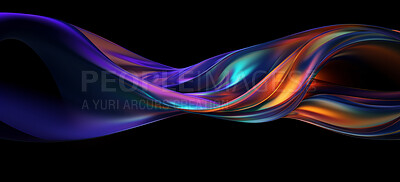 Iridescent, fabric and wave flow render on a black background for design, wallpaper or backdrop. Colourful, vibrant material and holographic fluid closeup of curves graphic for science, 3d art and creativity