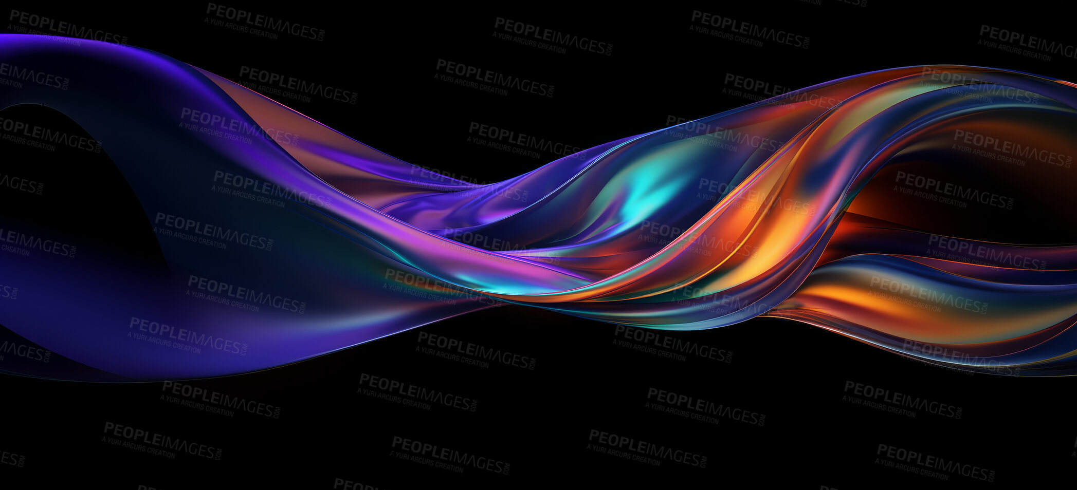 Buy stock photo Iridescent, fabric and wave flow render on a black background for design, wallpaper or backdrop. Colourful, vibrant material and holographic fluid closeup of curves graphic for science, 3d art and creativity