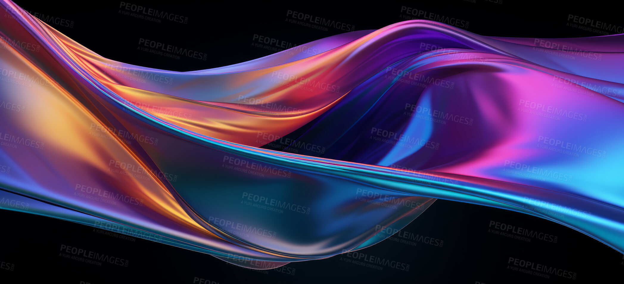 Buy stock photo Iridescent, fabric and wave flow render on a black background for design, wallpaper or backdrop. Colourful, vibrant material and holographic fluid closeup of curves graphic for science, 3d art and creativity