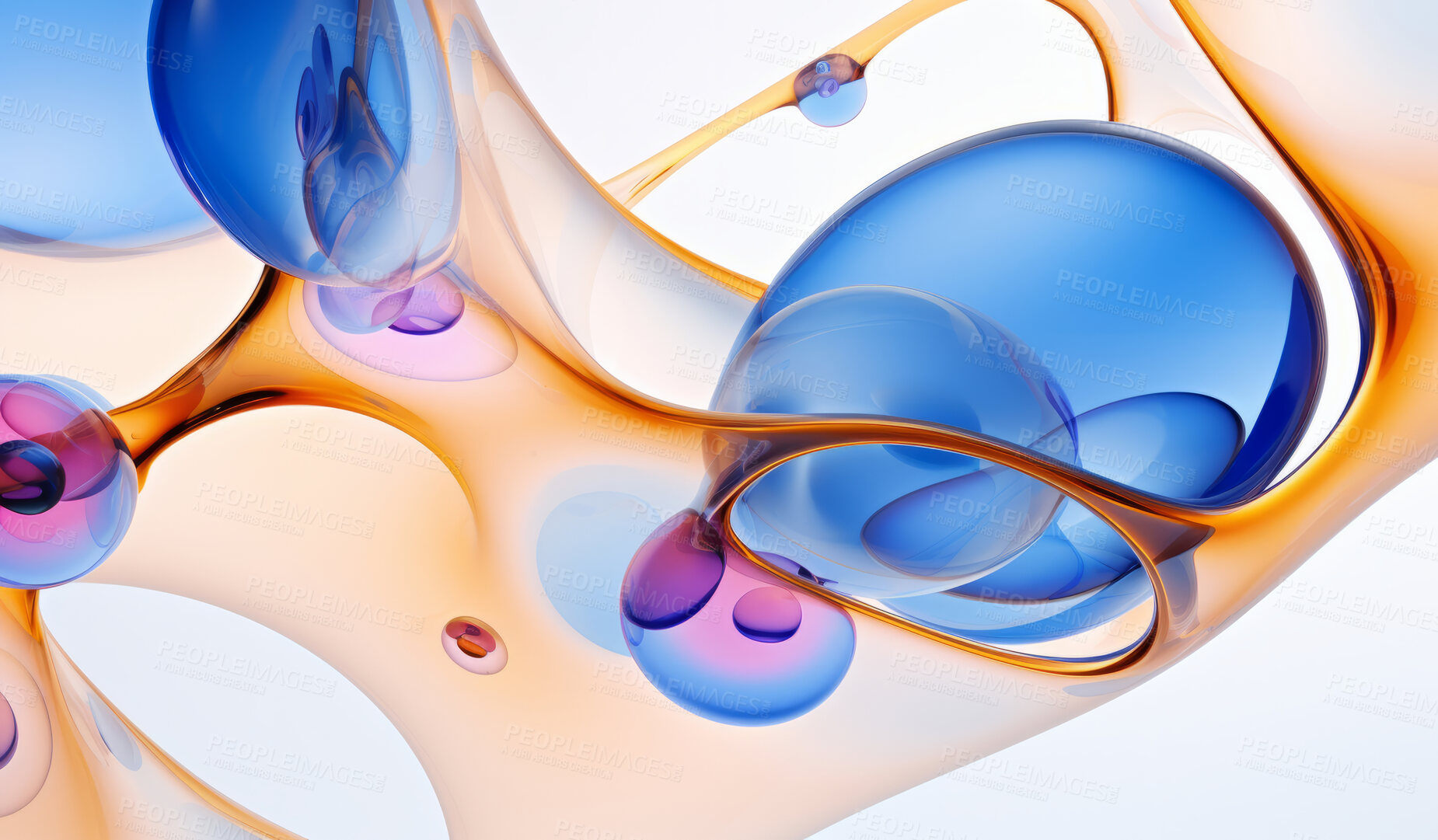 Buy stock photo Iridescent, bubble and wave flow render on a white background for design, abstract wallpaper or backdrop. Colourful, vibrant and holographic closeup of curves for science, 3d art and creativity