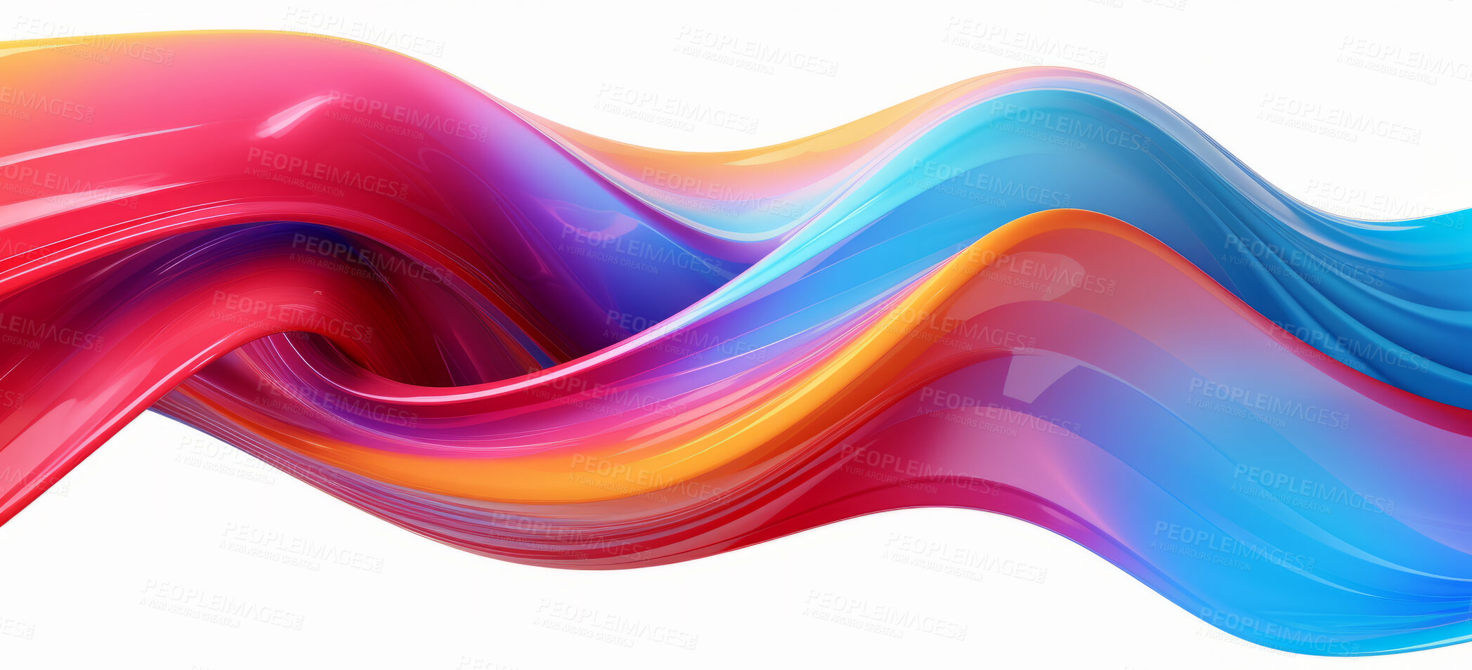 Buy stock photo Iridescent, fabric and wave flow render on a white background for design, wallpaper or backdrop. Colourful, vibrant material and holographic fluid closeup of curves graphic for science, 3d art and creativity