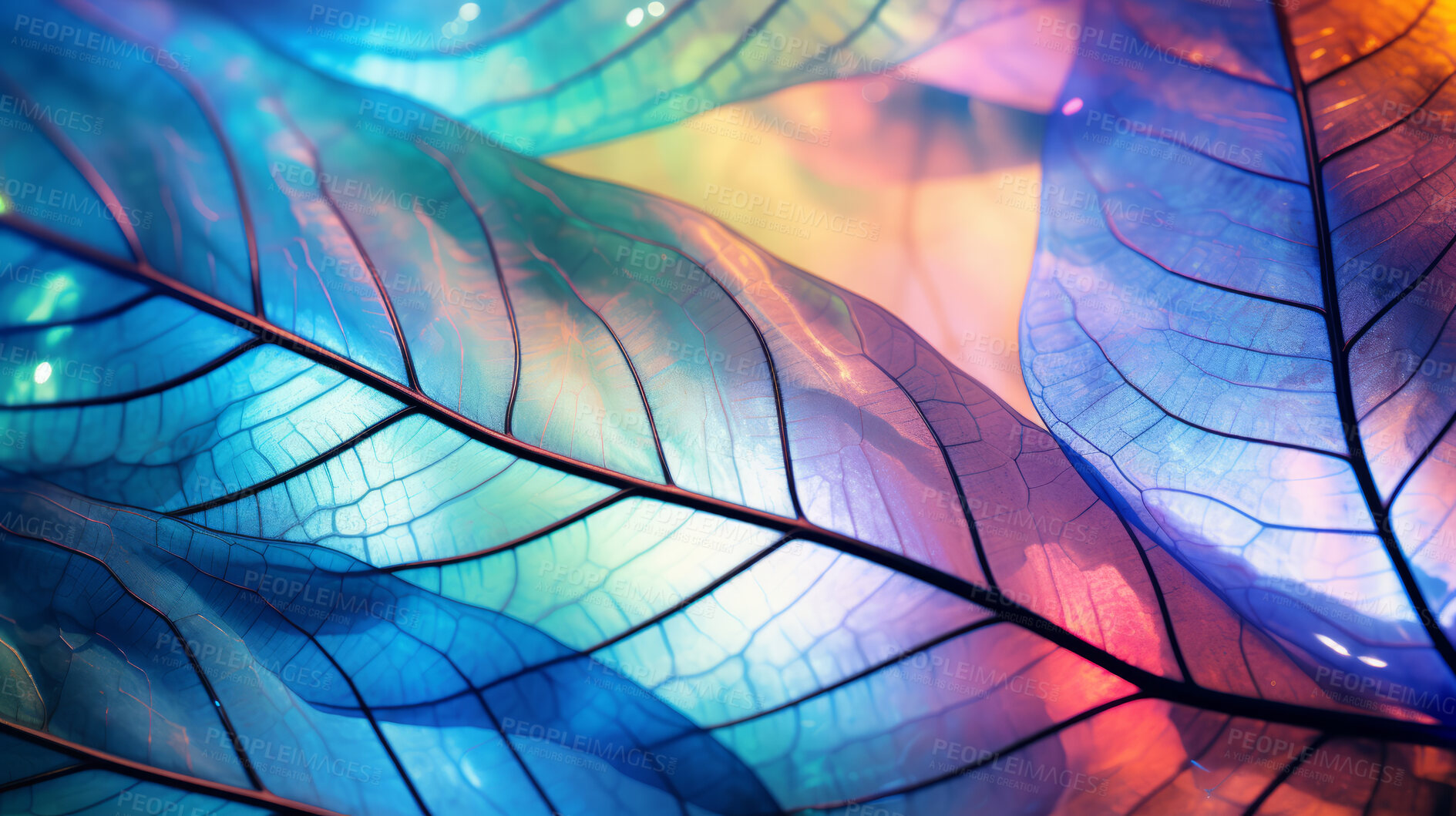 Buy stock photo Magnolia, Leaf skeletons and iridescent x-ray of dried leaves for art, ornament and creativity. Colourful, vibrant and holographic detailed closeup of plant for background, backdrop and wallpaper design