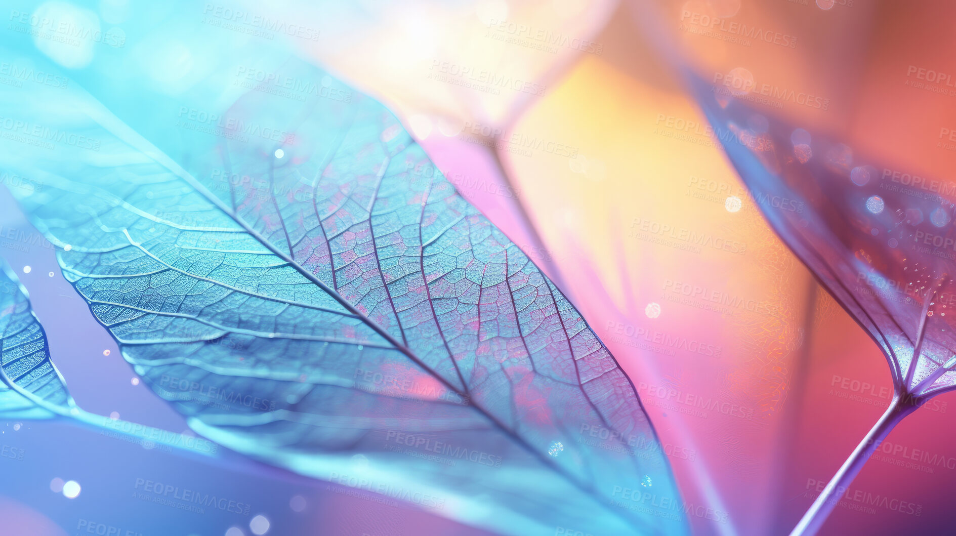 Buy stock photo Magnolia, Leaf skeletons and iridescent x-ray of dried leaves for art, ornament and creativity. Colourful, vibrant and holographic detailed closeup of plant for background, backdrop and wallpaper design