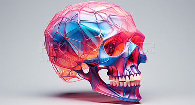 Iridescent, skull and human anatomy 3d model on a grey background for science, medical and design. Colourful, holographic and detailed render of a cranium structure for art, cyberpunk and neon graphic