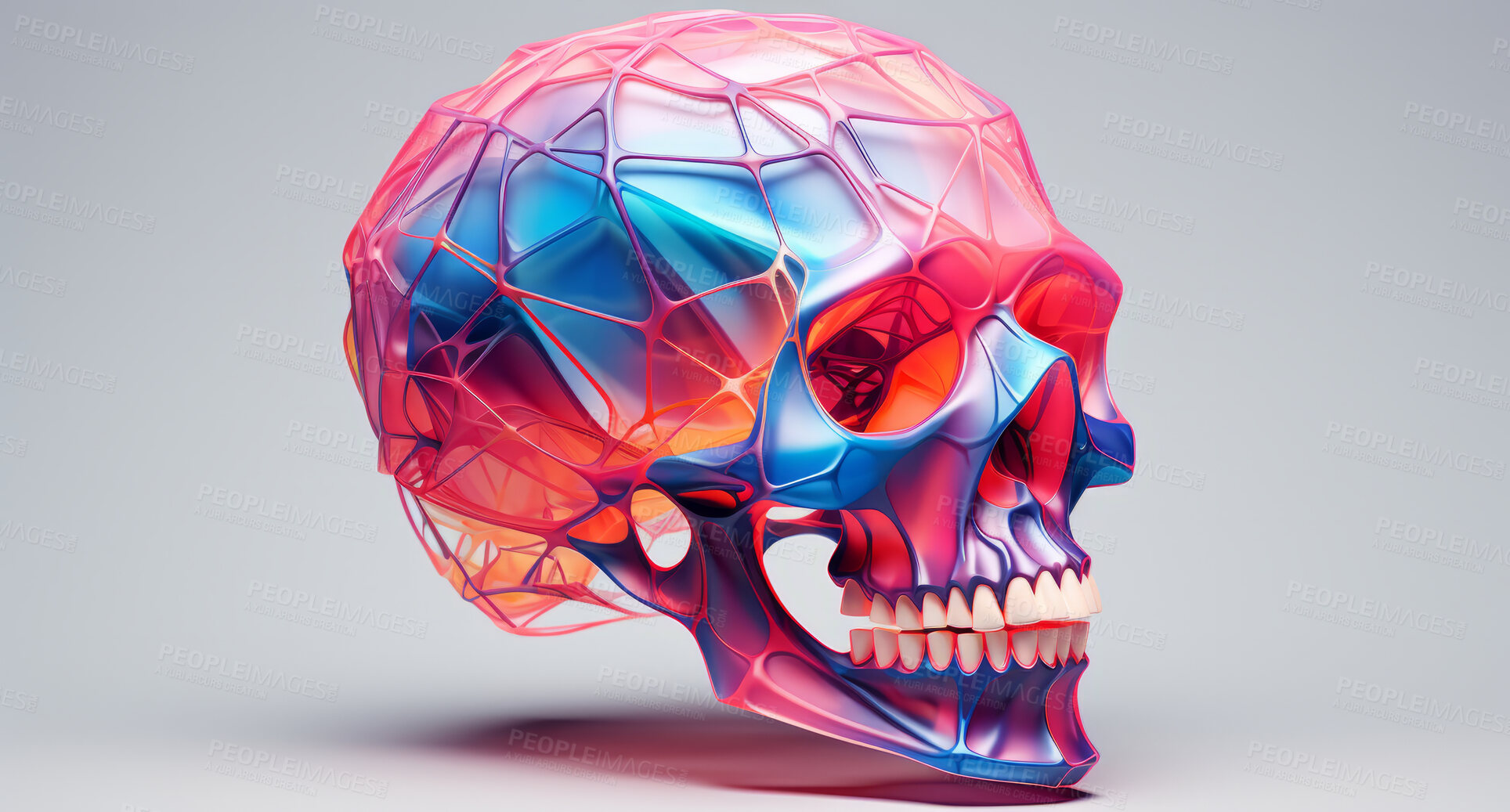 Buy stock photo Iridescent, skull and human anatomy 3d model on a grey background for science, medical and design. Colourful, holographic and detailed render of a cranium structure for art, cyberpunk and neon graphic