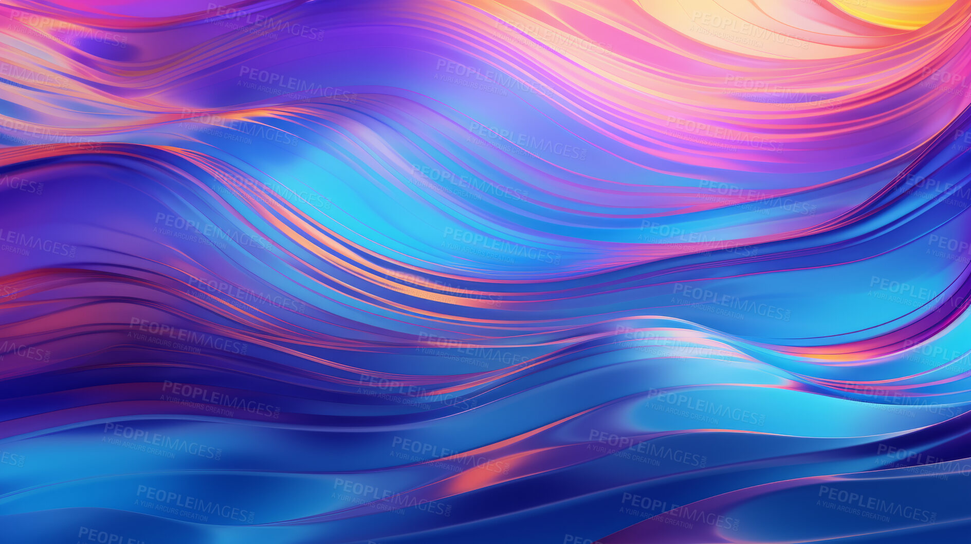 Buy stock photo Iridescent, water and wave flow render background for sustainability, ecology and eco friendly support. Colourful, liquid and vibrant holographic fluid in closeup for ocean graphic, nature and sea