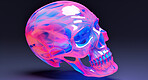 Iridescent, skull and human anatomy 3d model on a black background for science, medical and design. Colourful, holographic and detailed render of a cranium structure for art, cyberpunk and neon graphic