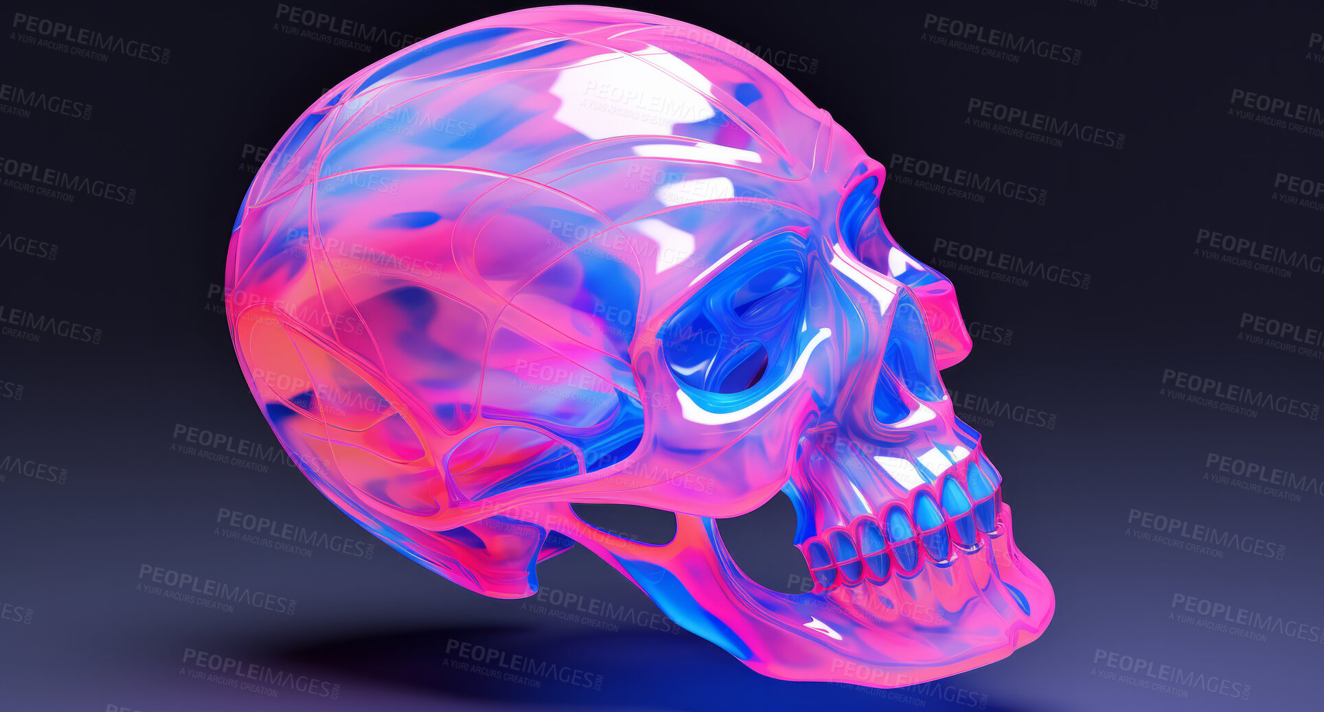 Buy stock photo Iridescent, skull and human anatomy 3d model on a black background for science, medical and design. Colourful, holographic and detailed render of a cranium structure for art, cyberpunk and neon graphic