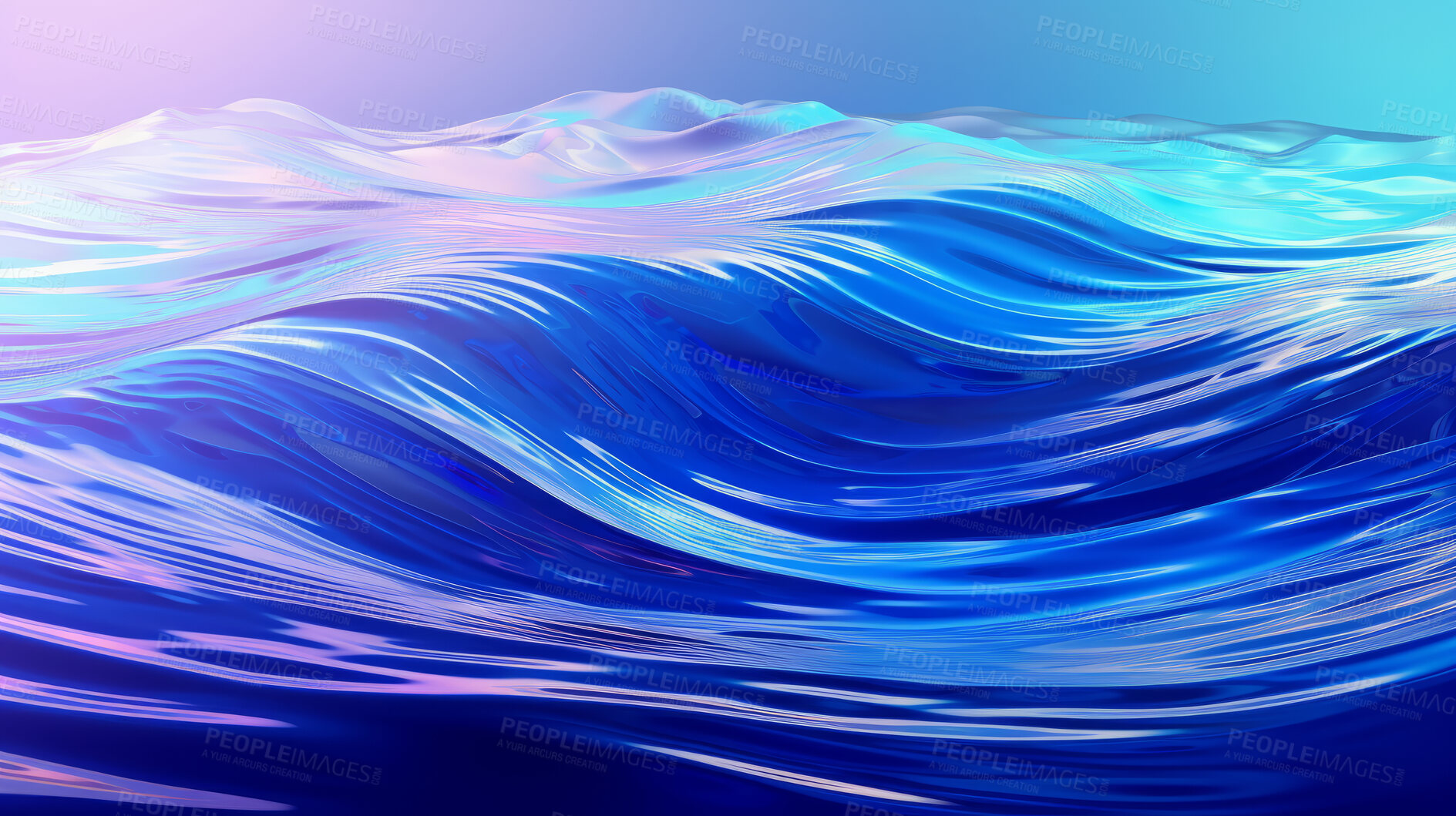 Buy stock photo Iridescent, water and wave flow render background for sustainability, ecology and eco friendly support. Colourful, liquid and vibrant holographic fluid in closeup for ocean graphic, nature and sea