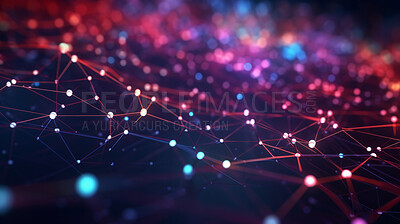 Network, lines and dots on a black background for internet connection, artificial intelligence and brain neural pathways. Colourful, vibrant and iridescent connectivity for wifi, global networking and business