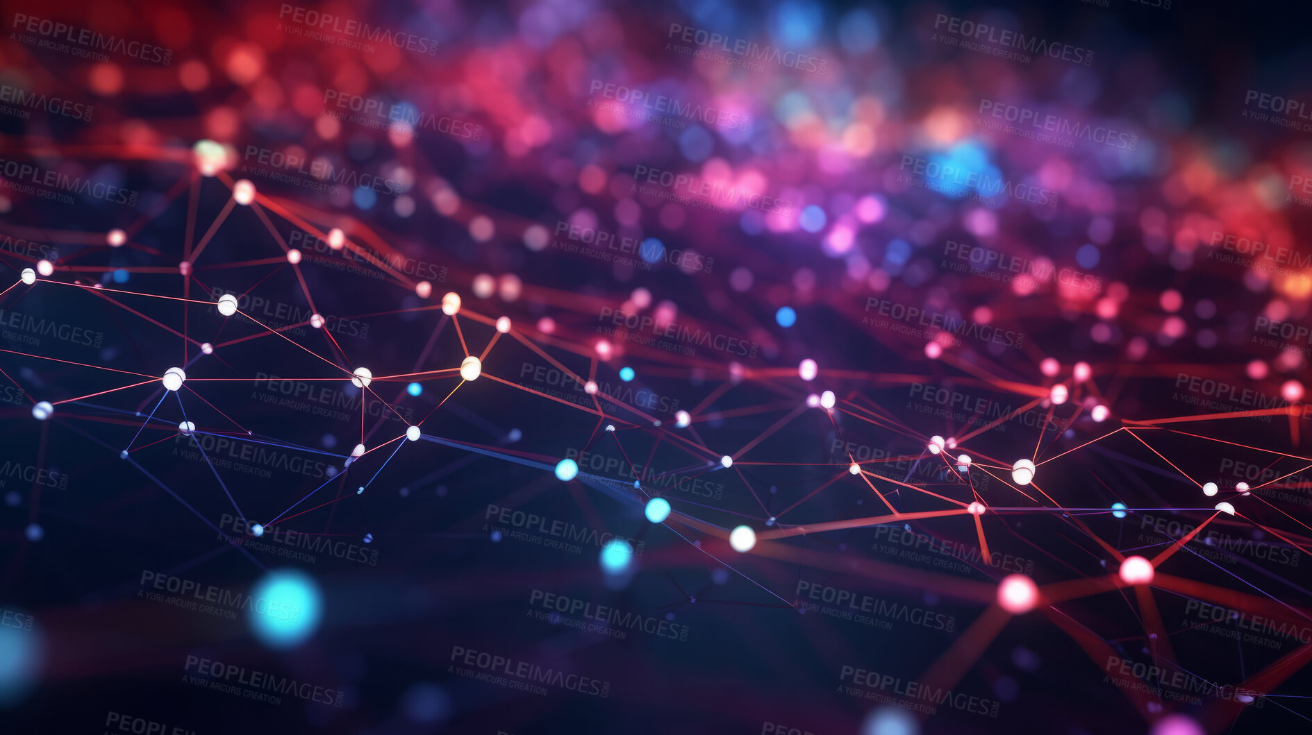 Buy stock photo Network, lines and dots on a black background for internet connection, artificial intelligence and brain neural pathways. Colourful, vibrant and iridescent connectivity for wifi, global networking and business