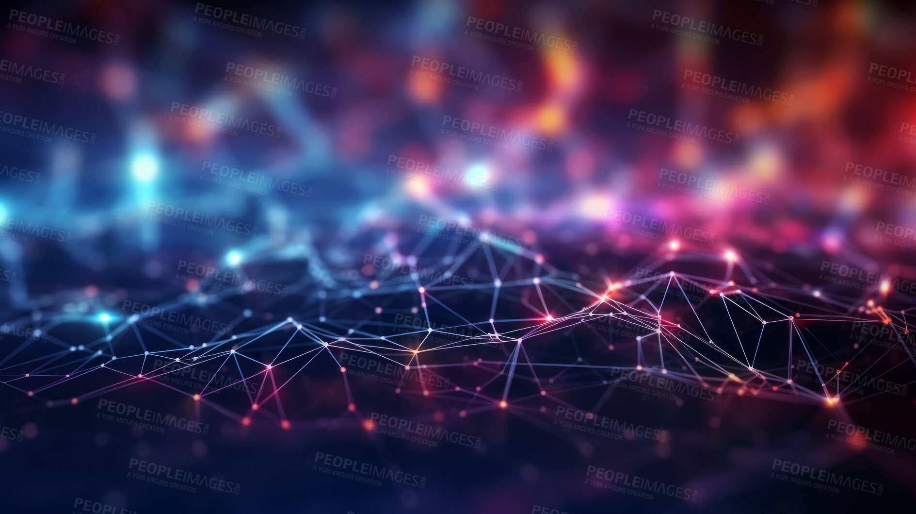 Buy stock photo Network, lines and dots on a black background for internet connection, artificial intelligence and brain neural pathways. Colourful, vibrant and iridescent connectivity for wifi, global networking and business