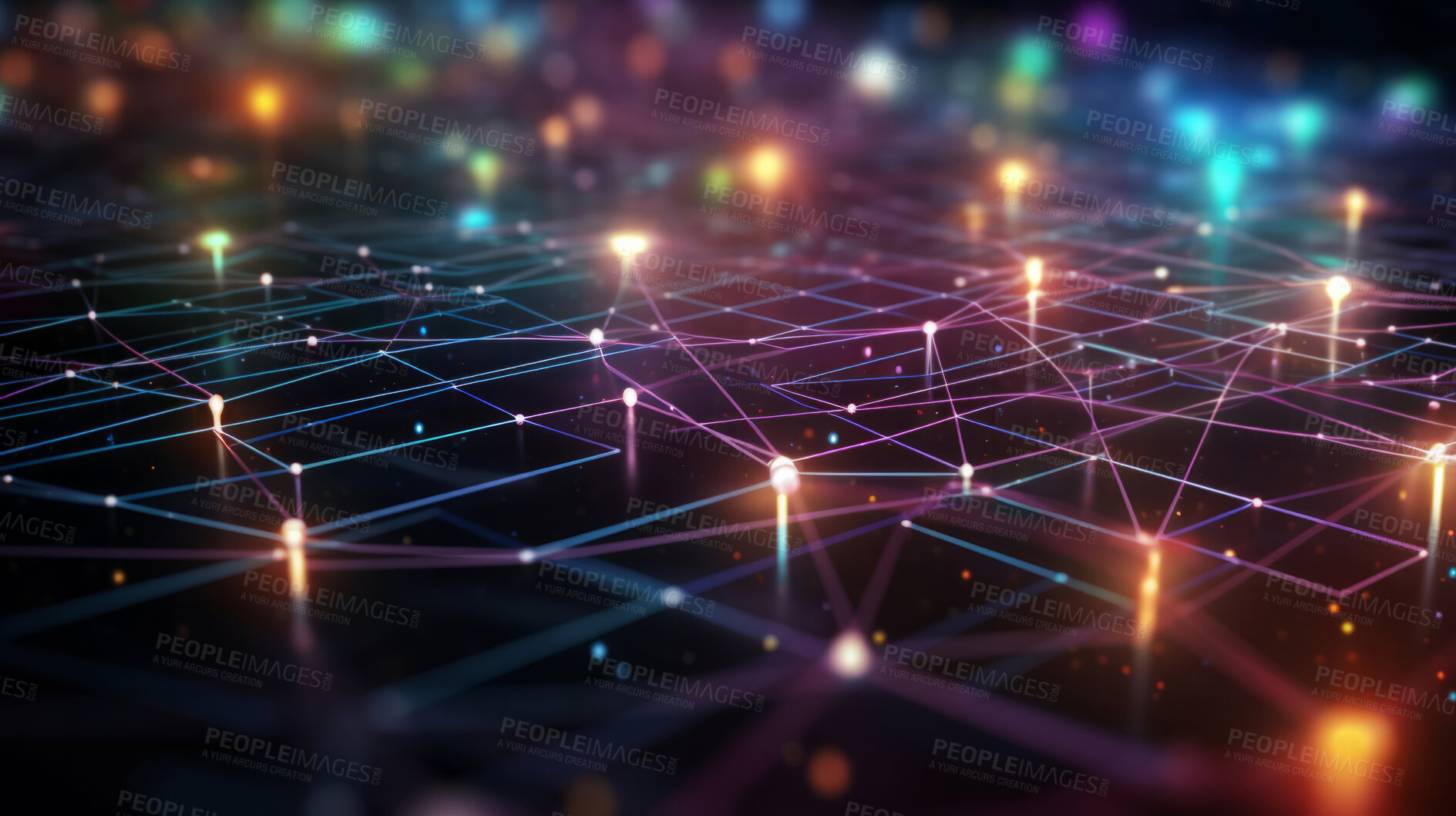 Buy stock photo Network, lines and dots on a black background for internet connection, artificial intelligence and brain neural pathways. Colourful, vibrant and iridescent connectivity for wifi, global networking and business