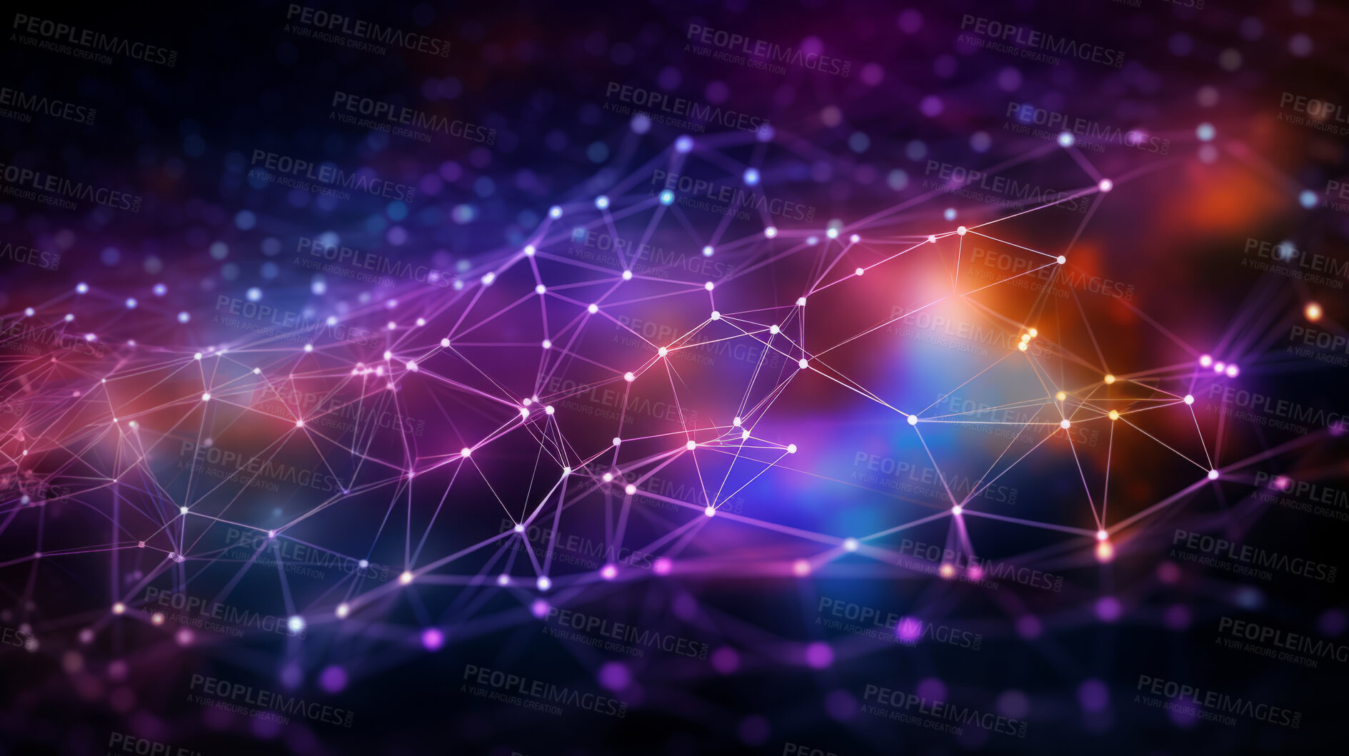 Buy stock photo Network, lines and dots on a black background for internet connection, artificial intelligence and brain neural pathways. Colourful, vibrant and iridescent connectivity for wifi, global networking and business